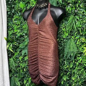 H&M Divided Dress Large Bronze Metallic Ruched‎ Halter Mini Sparkle Party 3317